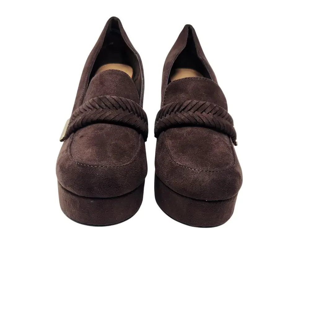 Just Fab JF Brown Suede Adele Braided Slip On Heeled Loafers Pump Sandals Size 7